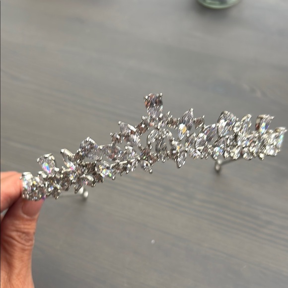 Silver Crystal Tiara with Floral Design - Picture 3 of 12